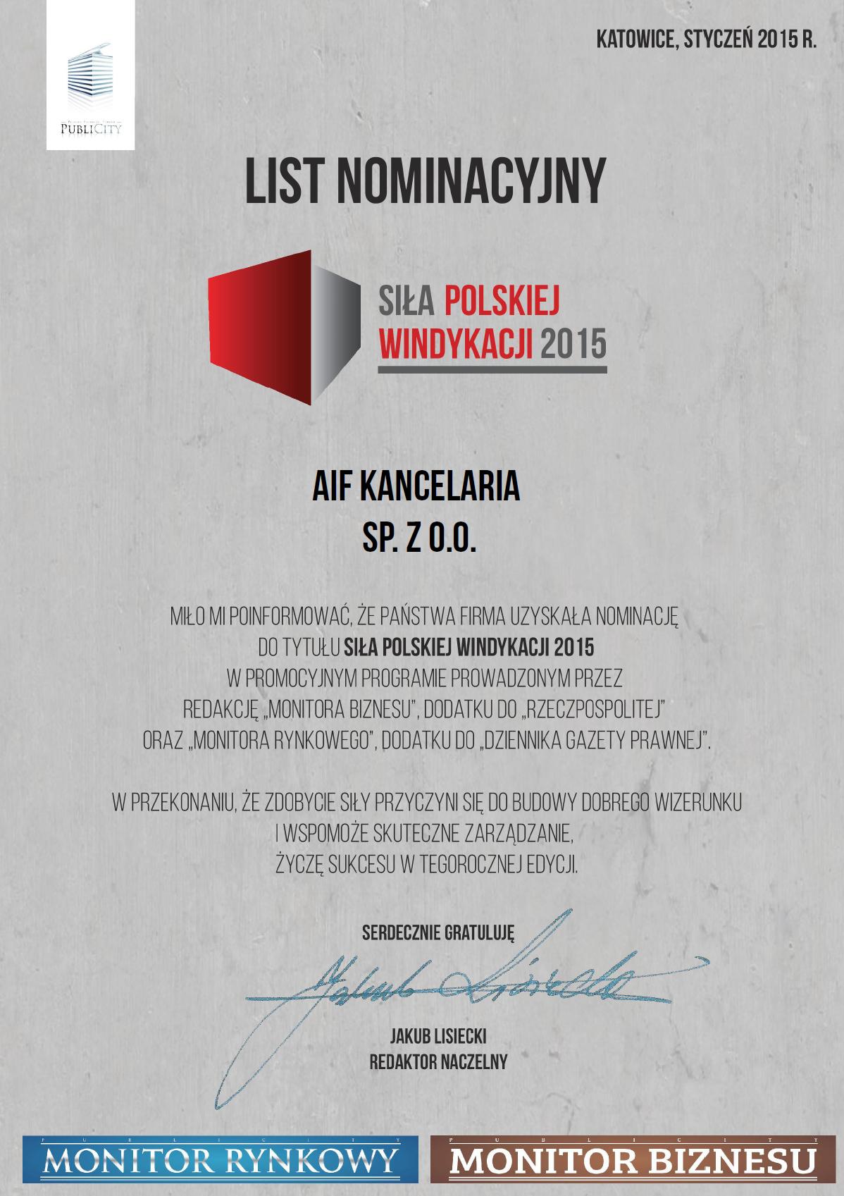 Siła Polskiej Windykacji 2015 list