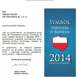 AIF KAncelaria uzyskała nominację do tytułu Symbol Partnera w Biznesie 2014