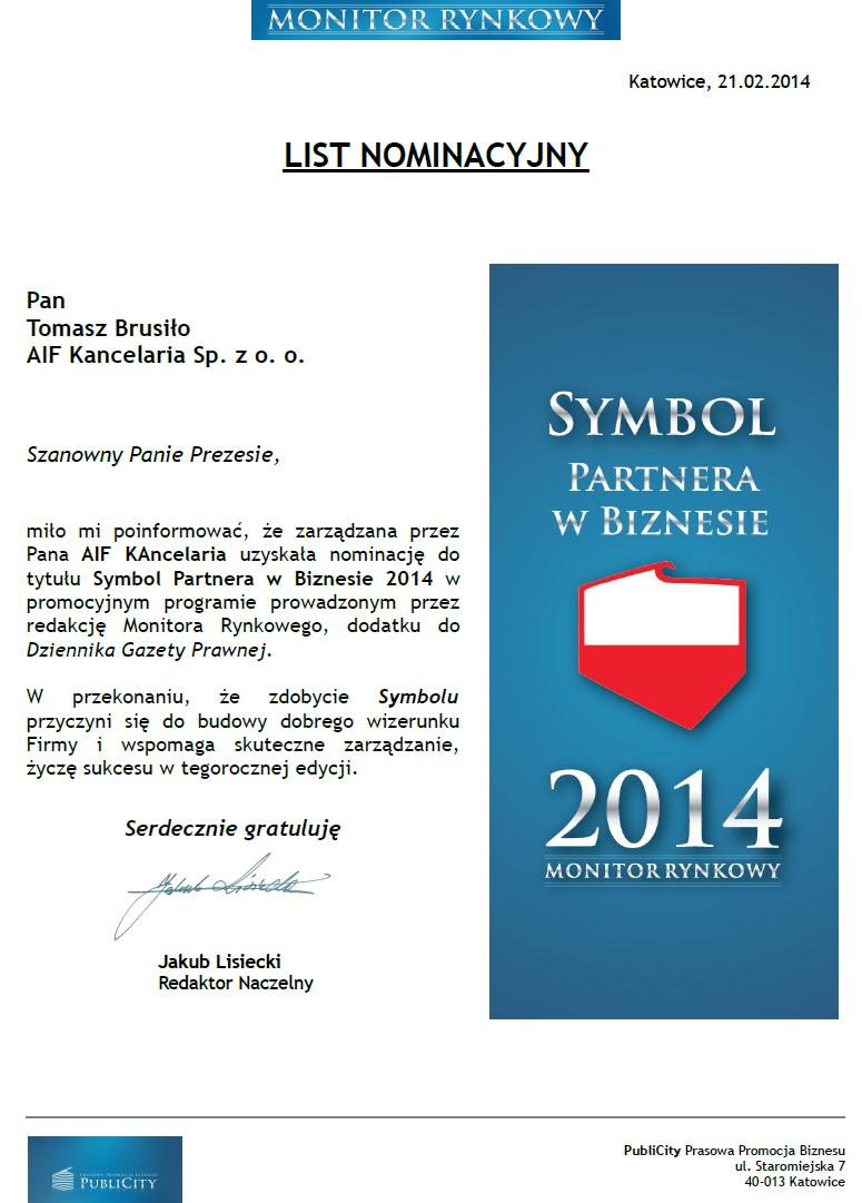AIF KAncelaria uzyskała nominację do tytułu Symbol Partnera w Biznesie 2014
