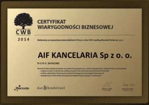 Złoty Certyfikat Wiarygodności dla AIF Kancelaria Windykacja