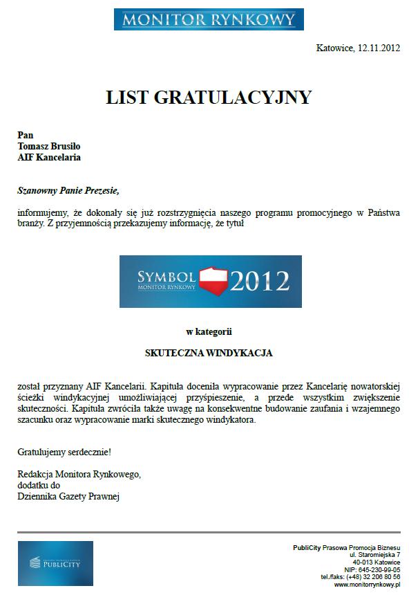 AIF Kancelaria zdobyła Symbol Skutecznej Windykacji 2012